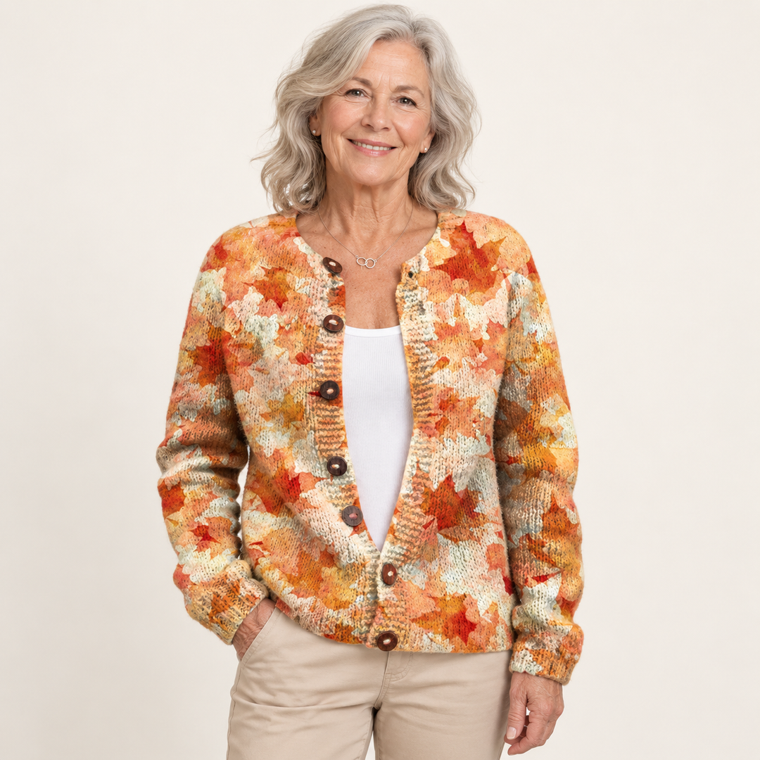 Briarwood | Vintage Knit Cardigan worn by a mature woman on a clean background