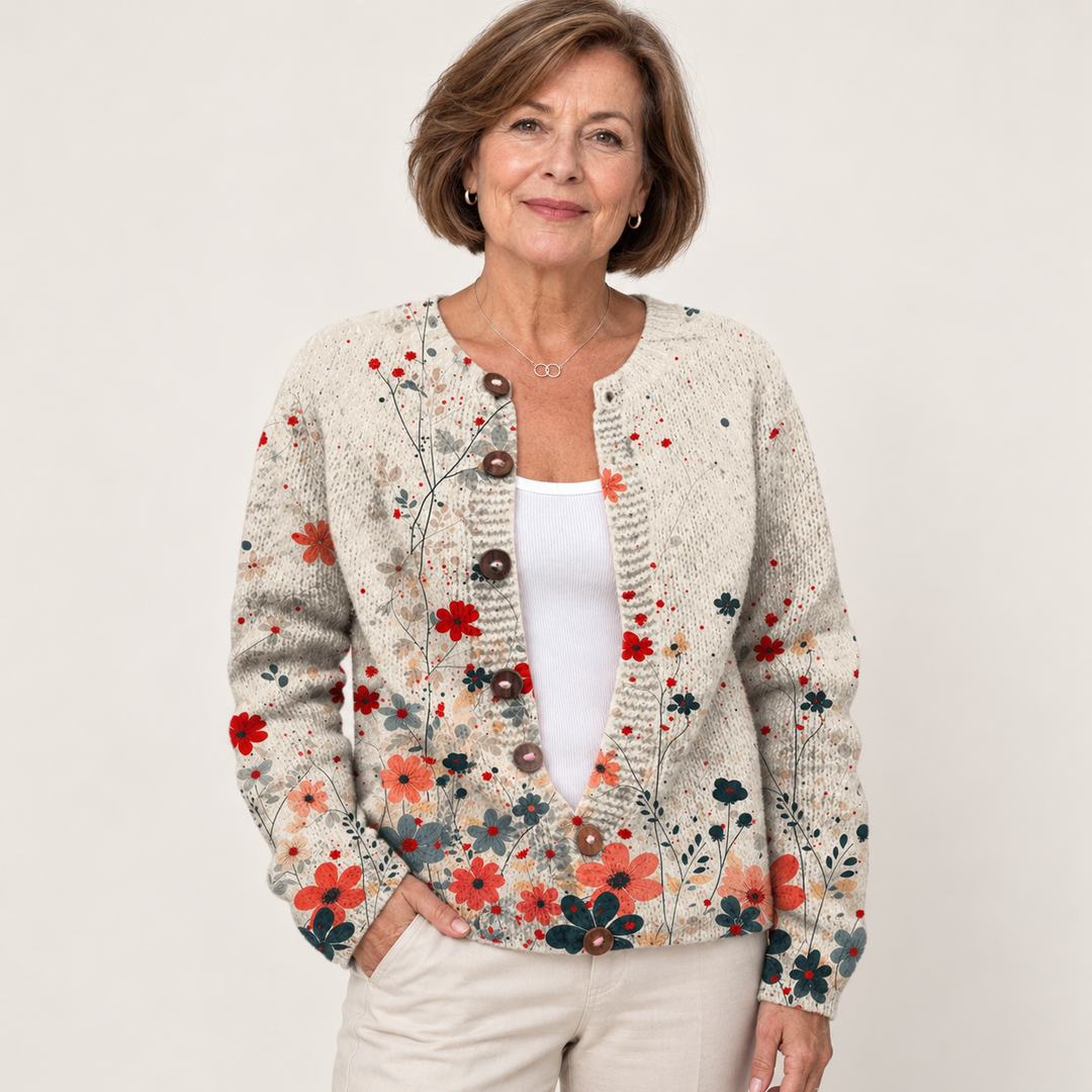 Sabrina | Ribbed Knit Cardigan with Cascading Floral Buttons worn by a mature woman on a clean background