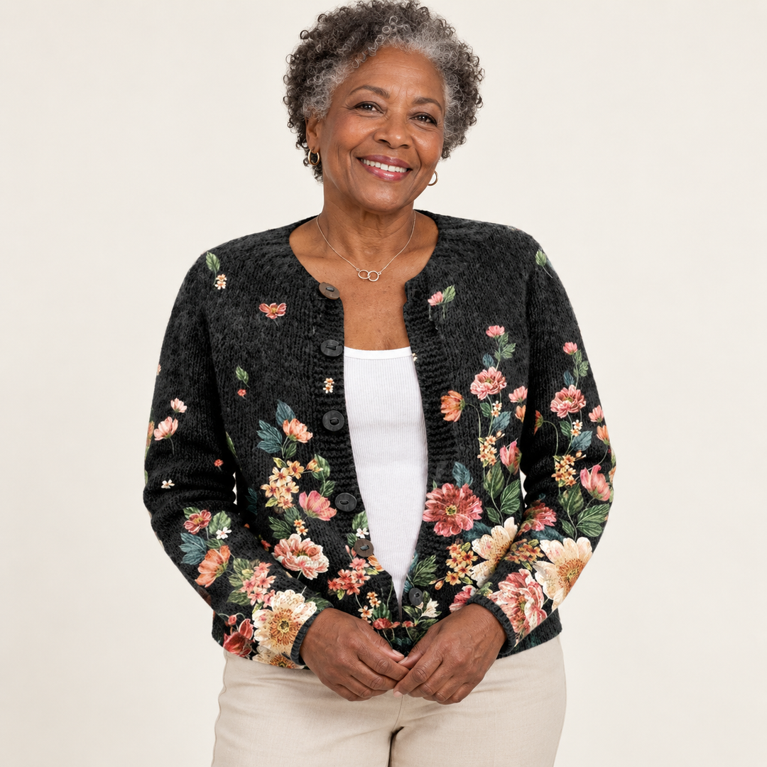 Kivara | Botanical Buttoned Knit Cardigan on Black Background worn by a mature woman on a clean background