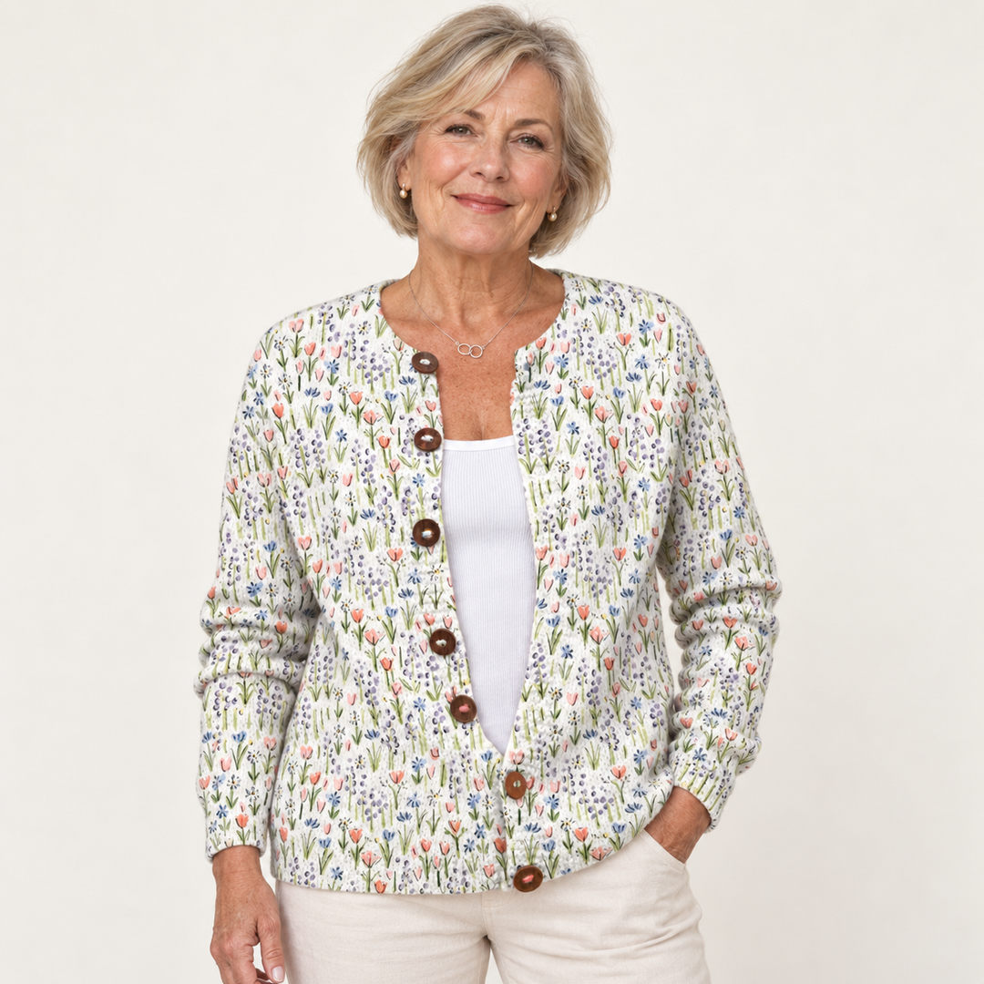 Ivadelle | Ribbed Knit Five-Button Garden Floral Cardigan worn by a mature woman on a clean background