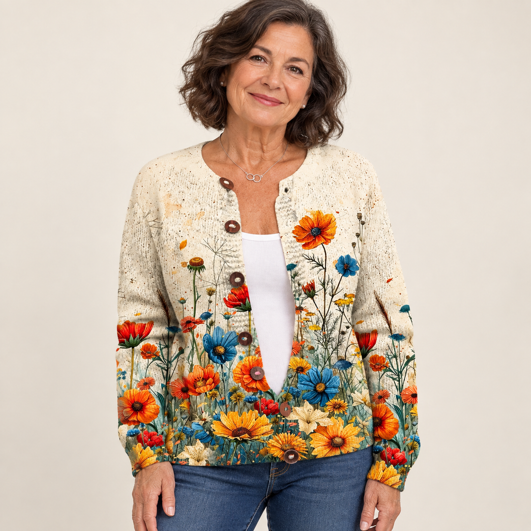 Tansy | Buttoned Knit Cardigan with Wildflower Print worn by a mature woman on a clean background