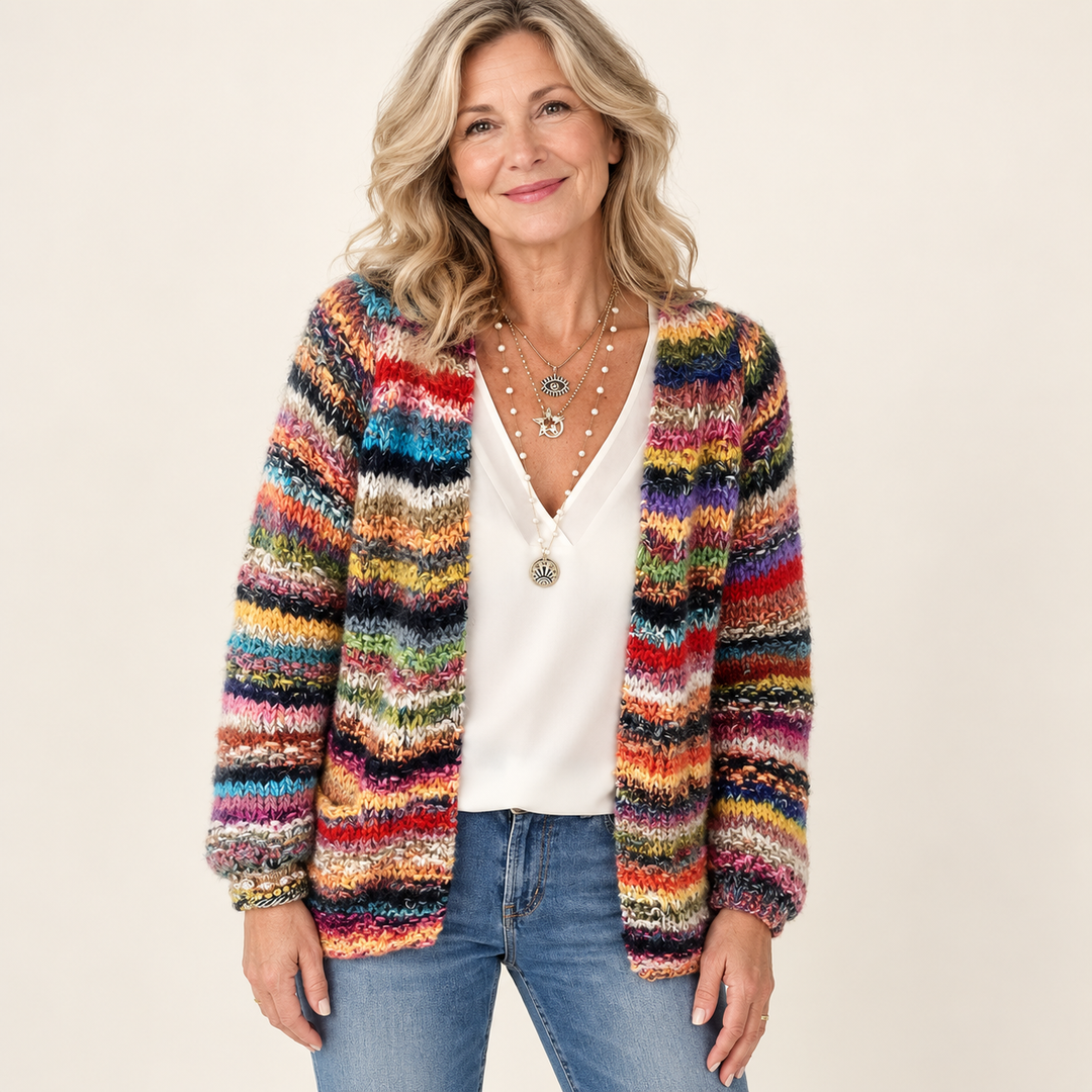 Layla™ - Super Soft Multicoloured Cardigan worn by a mature woman on a clean background