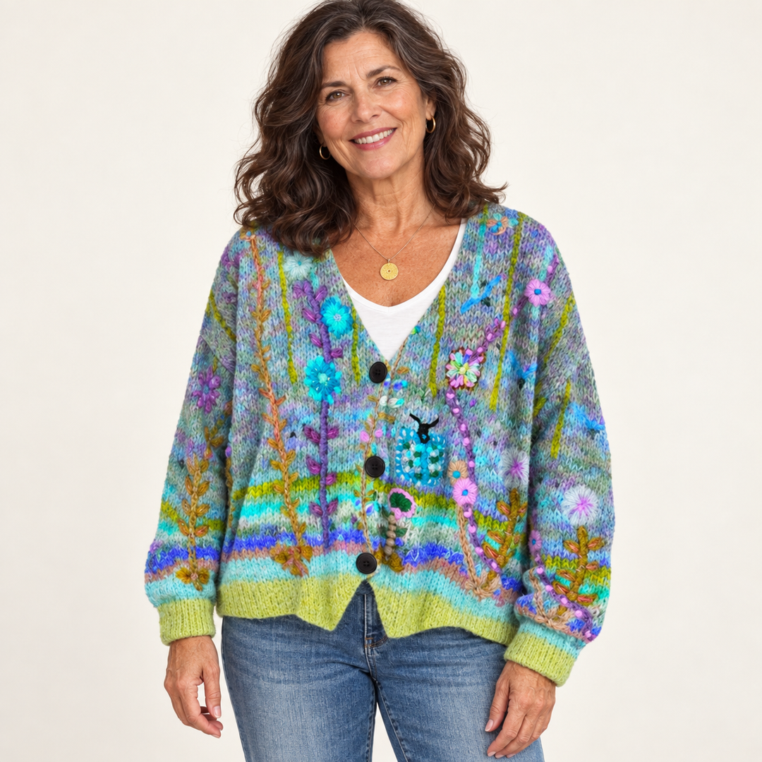 Addison cardigan in Green, worn by a mature woman on a clean background