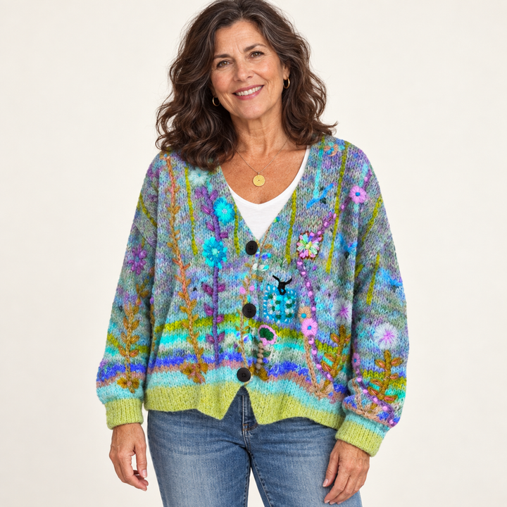 Addison cardigan in Green, worn by a mature woman on a clean background