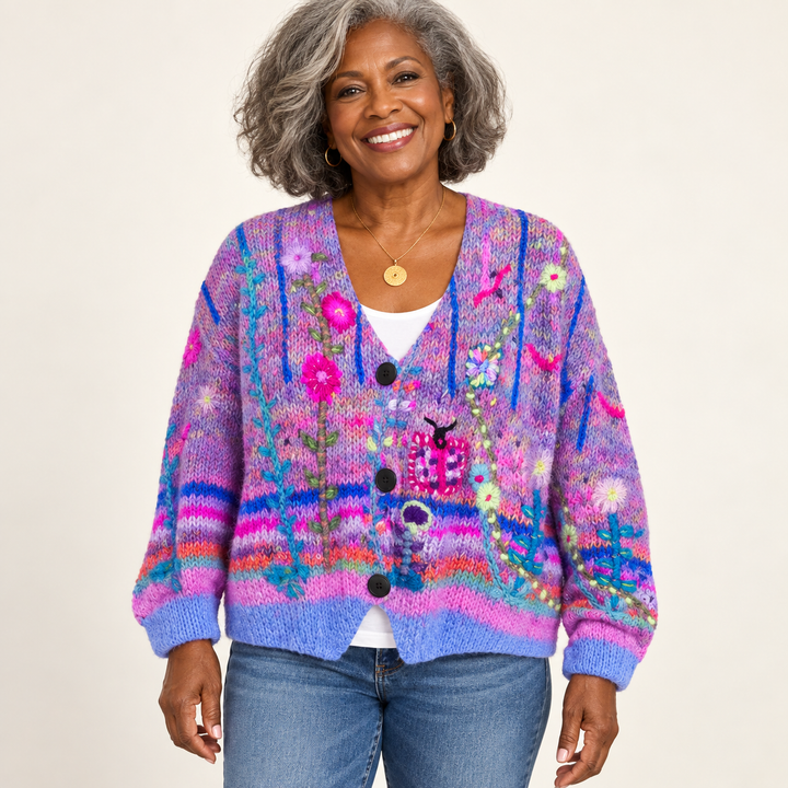 Addison cardigan in Purple, worn by a mature woman on a clean background