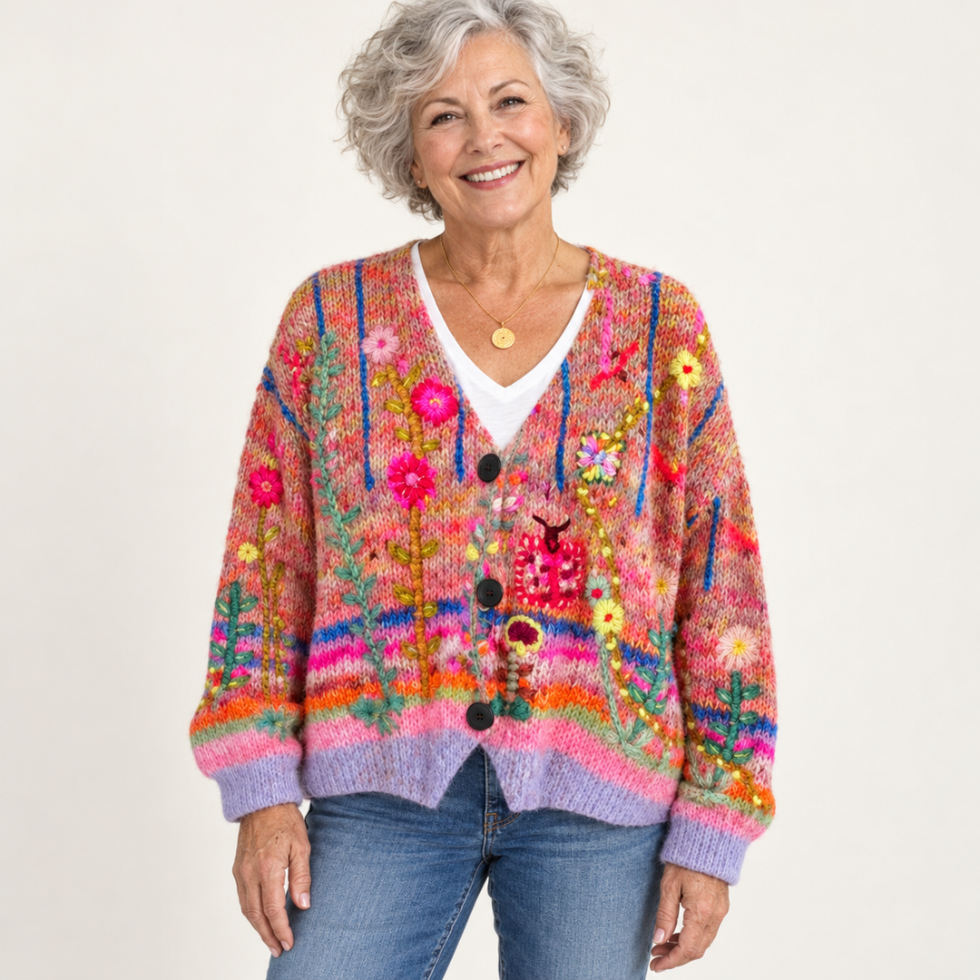 Addison cardigan in Red, worn by a mature woman on a clean background