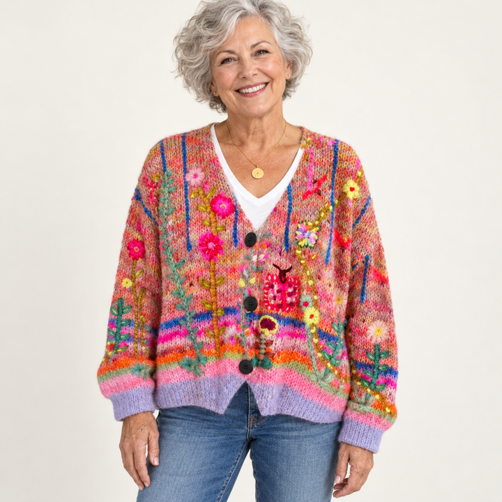 Addison cardigan in Red, worn by a mature woman on a clean background