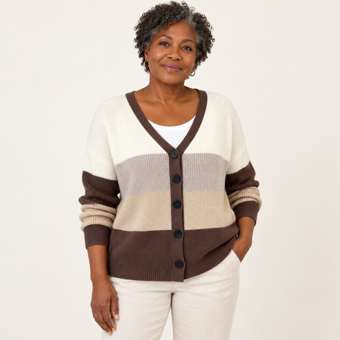 Mathilde Neutral Colour-Block Cardigan worn by a mature woman on a clean studio background