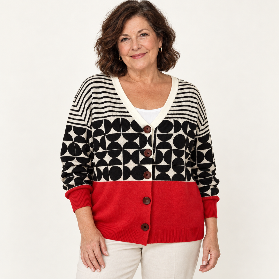 Isabeau Graphic Colour-Block Cardigan worn by a mature woman on a clean studio background
