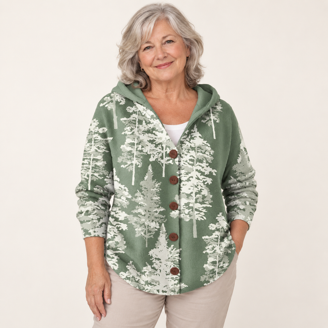 Jacinthe Sage Forest Hooded Cardigan worn by a mature woman on a clean studio background