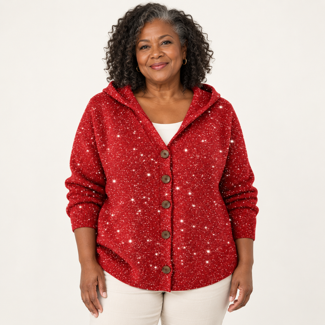 Bérénice Red Sparkle Hooded Cardigan worn by a mature woman on a clean studio background