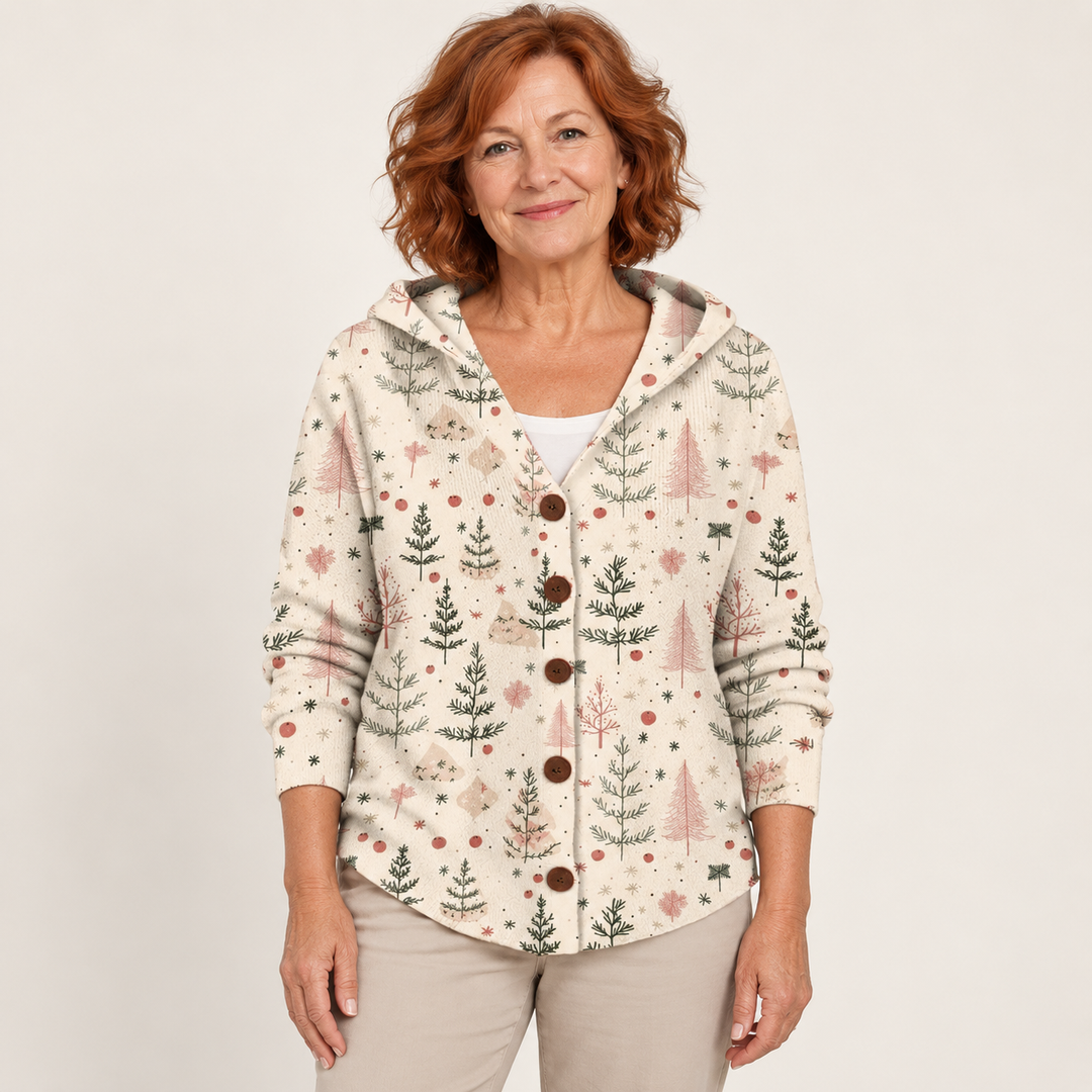 Coralie Festive Forest Hooded Cardigan worn by a mature woman on a clean studio background