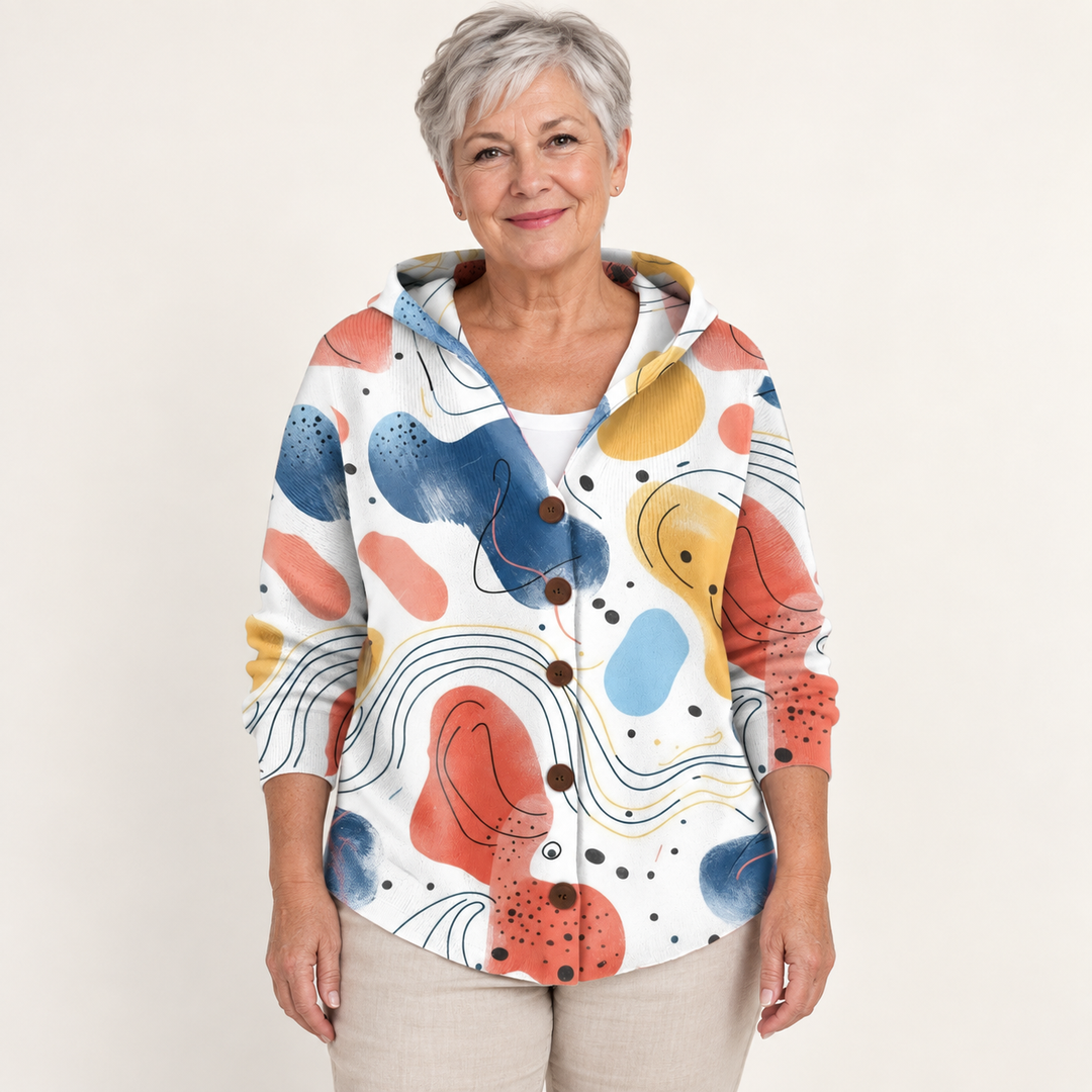Solène Abstract-Print Hooded Cardigan worn by a mature woman on a clean studio background