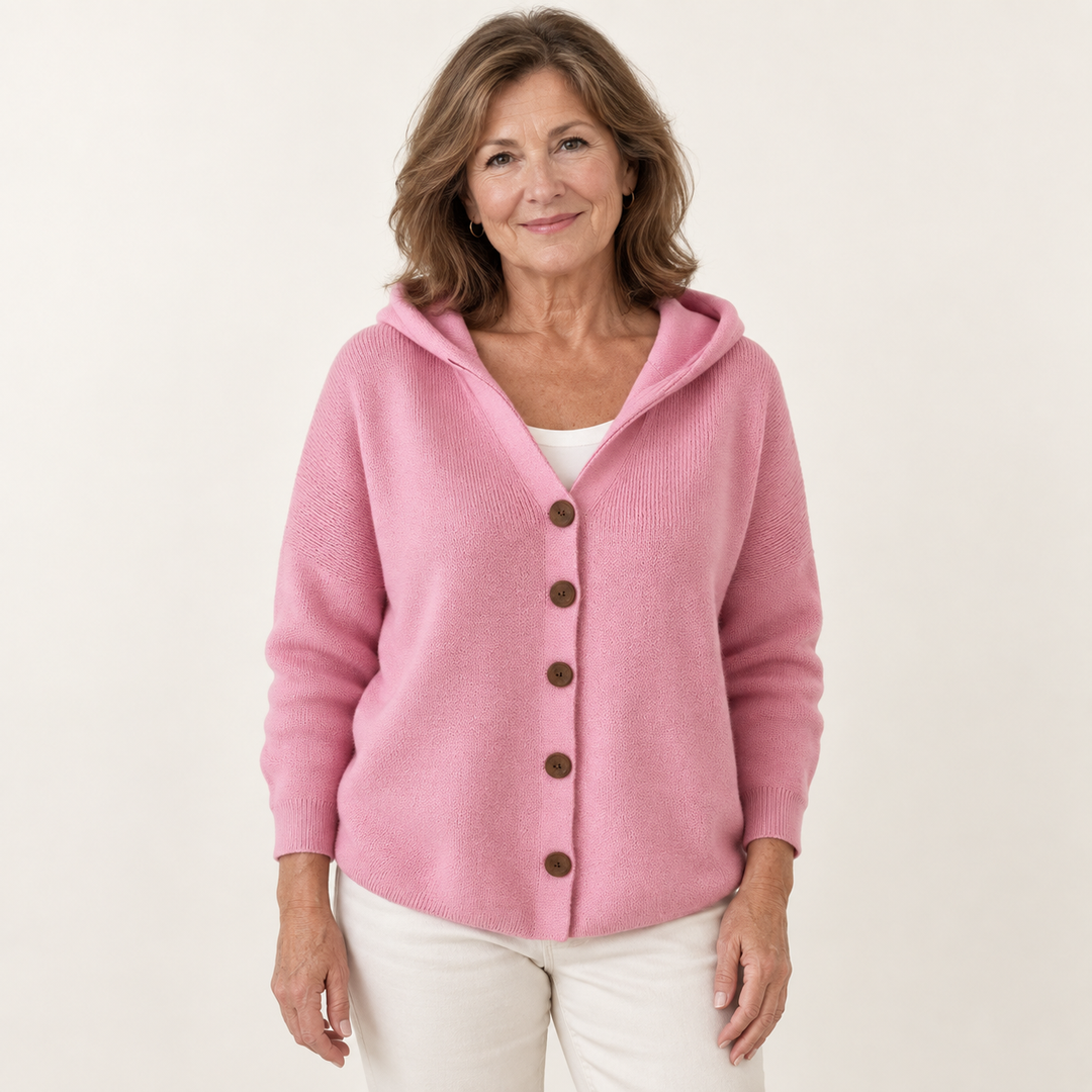 Faustine Pink Hooded Cardigan worn by a mature woman on a clean studio background