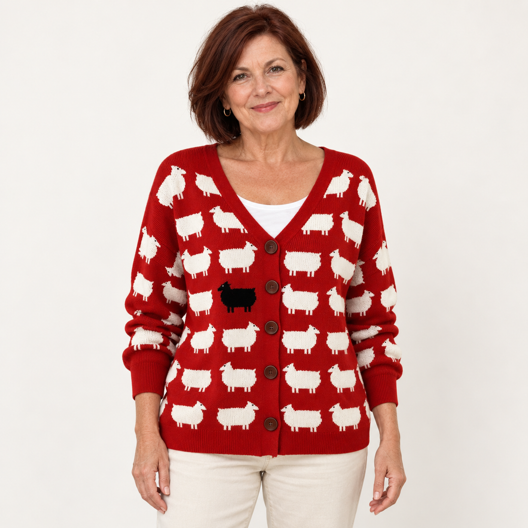 Apolline Sheep-Print Cardigan worn by a mature woman on a clean studio background