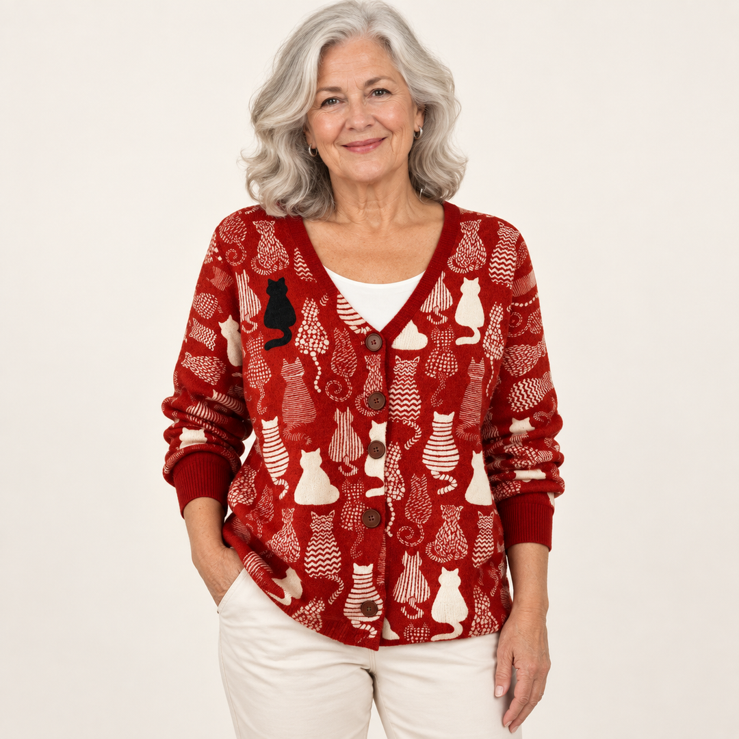 Clémence Cat-Print Cardigan worn by a mature woman on a clean studio background