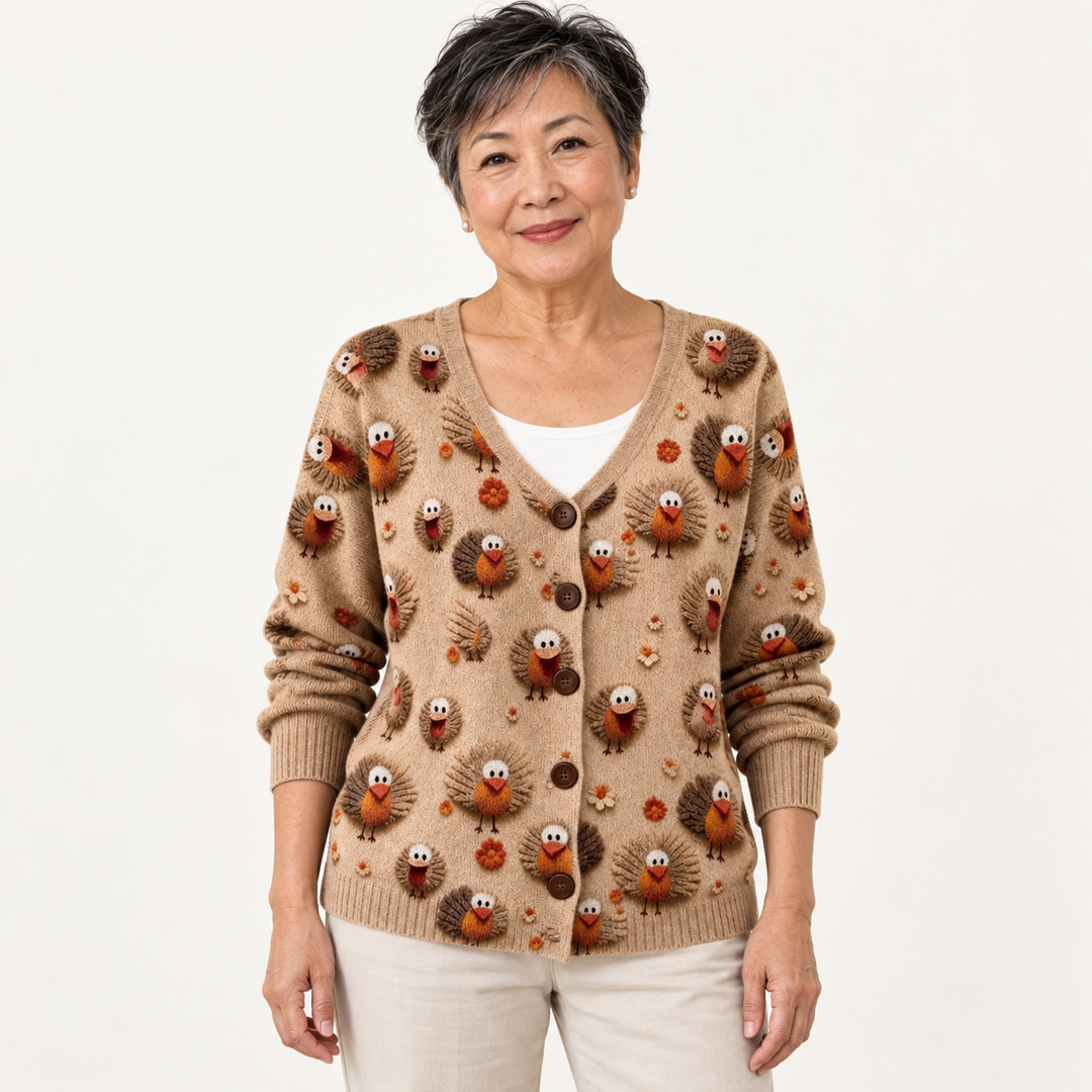 Sidonie Bird-Print Cardigan worn by a mature woman on a clean studio background