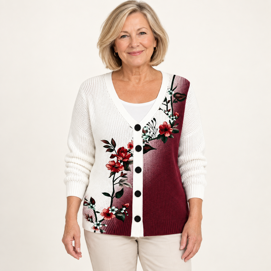Maëlle Floral Colour-Block Cardigan worn by a mature woman on a clean studio background