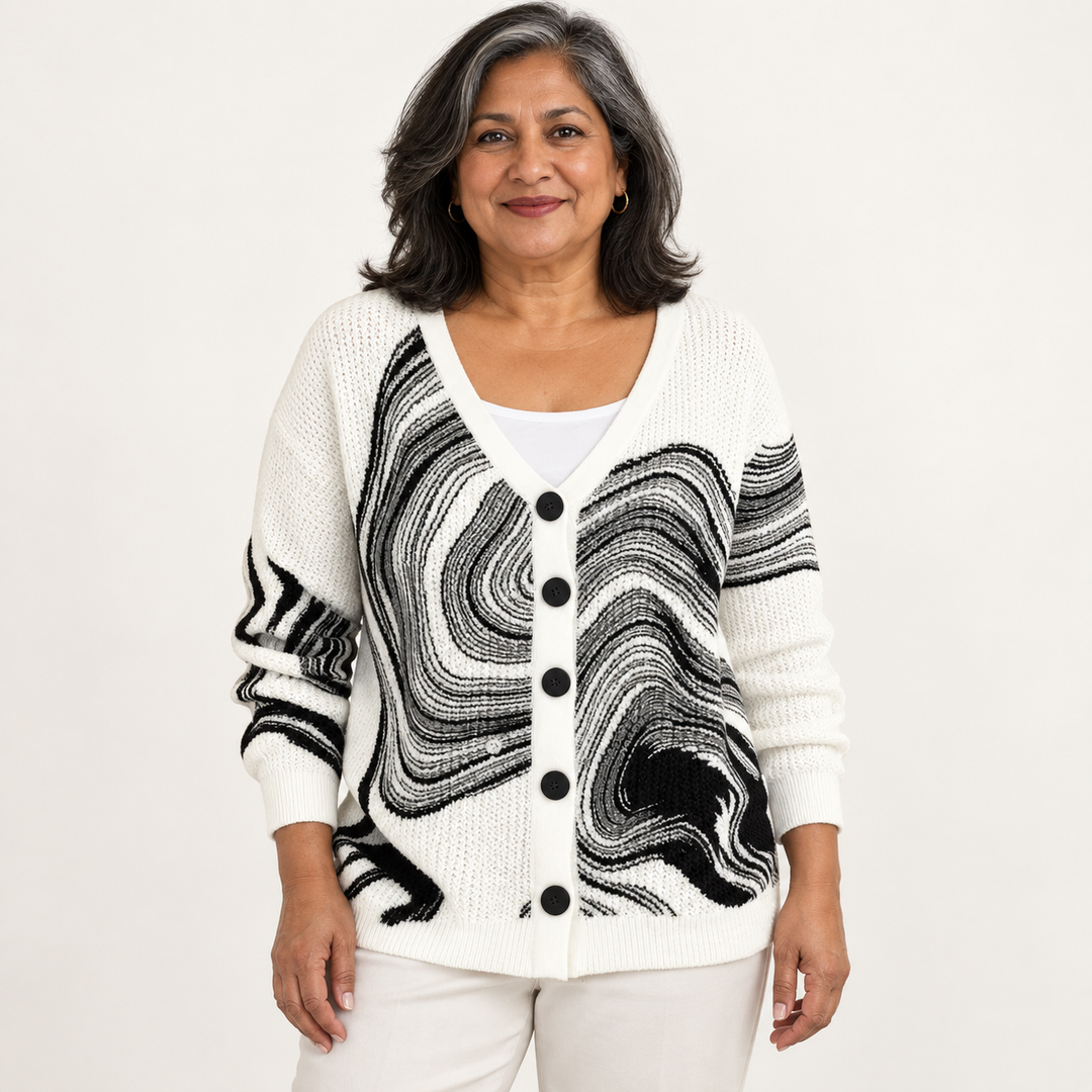 Isolde Marble-Print Cardigan worn by a mature woman on a clean studio background