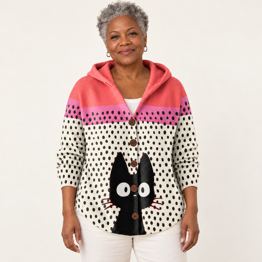 Noémie Pop-Art Cat Hooded Cardigan worn by a mature woman on a clean studio background