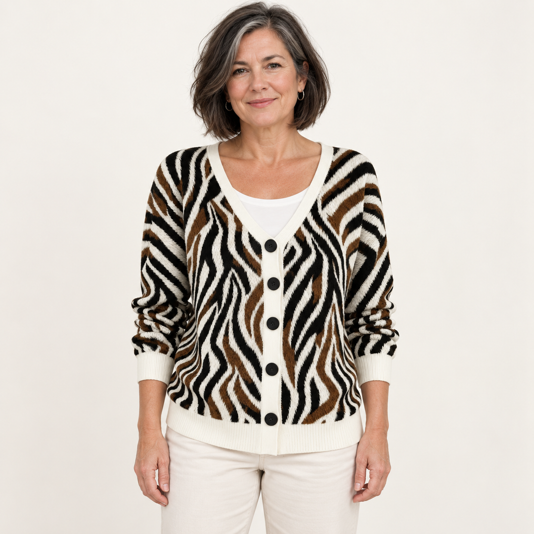 Séraphine Animal-Print Cardigan worn by a mature woman on a clean studio background