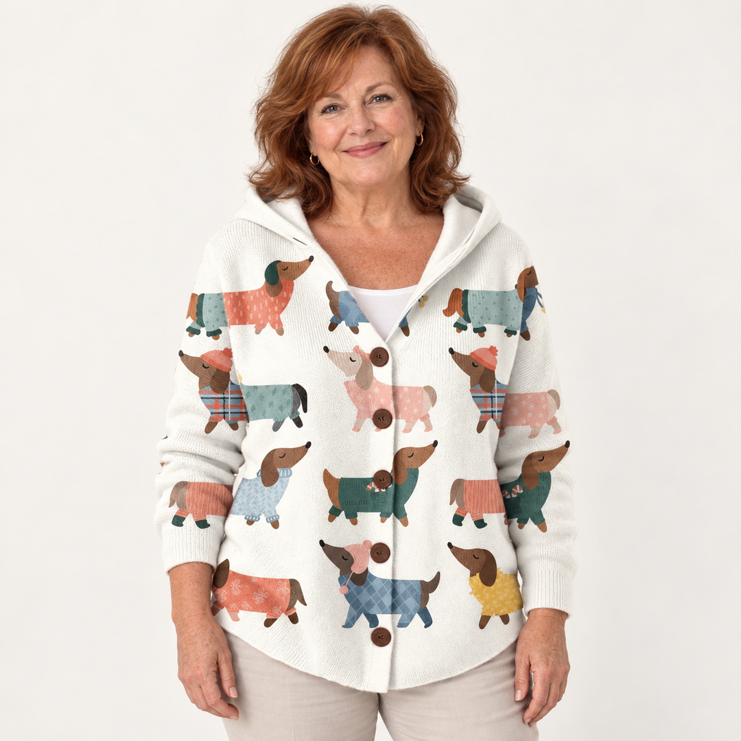 Coline Dog-Print Hooded Cardigan worn by a mature woman on a clean studio background