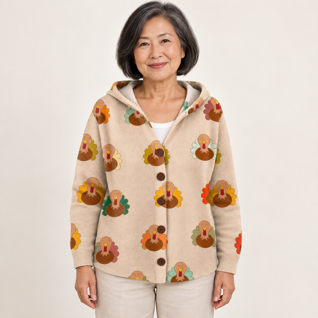 Garance Turkey-Print Hooded Cardigan worn by a mature woman on a clean studio background