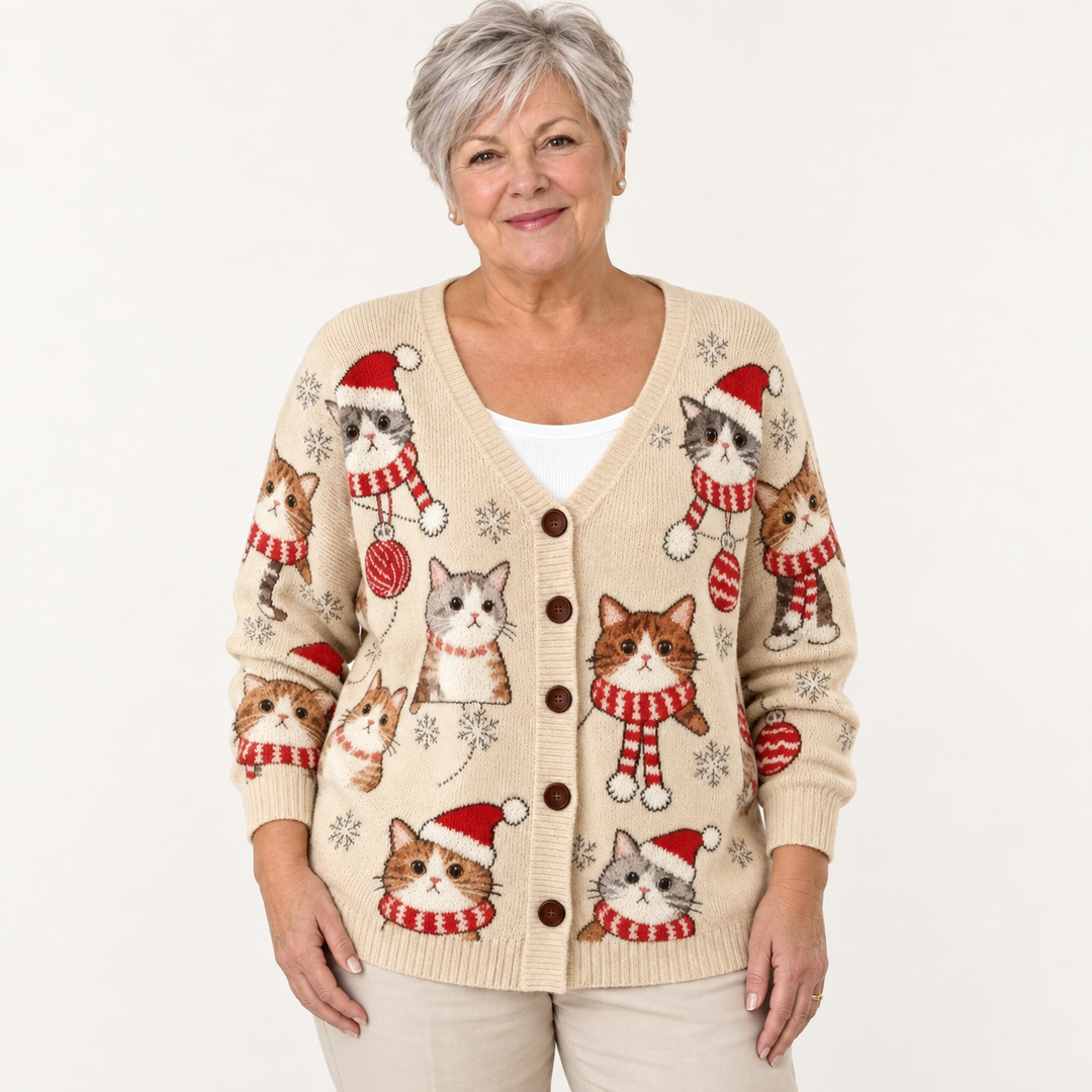 Philippine Festive Cat-Print Cardigan worn by a mature woman on a clean studio background