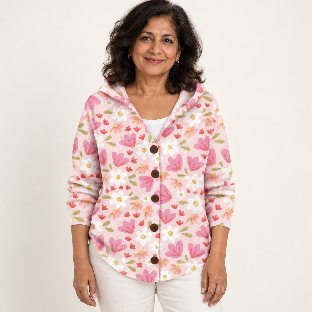 Thaélys Floral Hearts Hooded Cardigan worn by a mature woman on a clean studio background