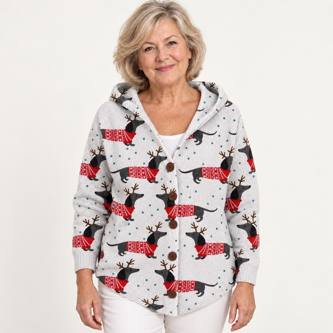 Pamela Festive Dog-Print Hooded Cardigan worn by a mature woman on a clean studio background