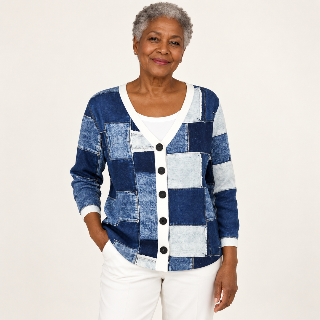Carol Patchwork-Print Cardigan worn by a mature woman on a clean studio background