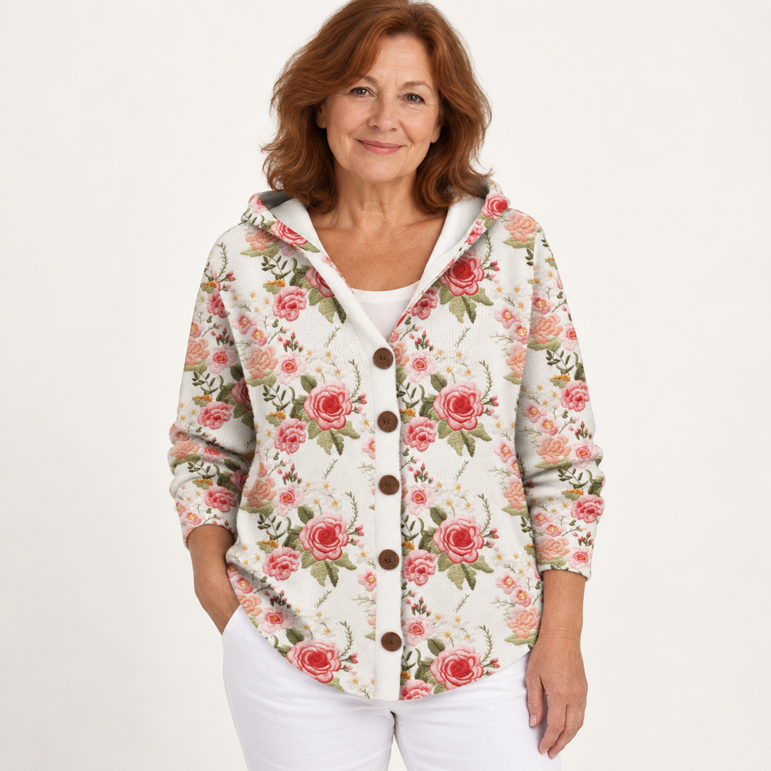 Brenda Rose-Print Hooded Cardigan worn by a mature woman on a clean studio background