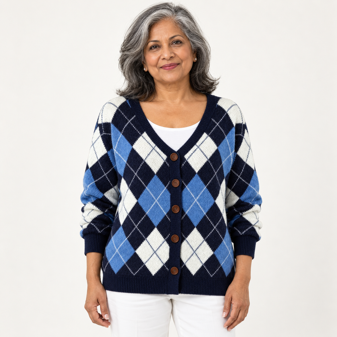 Gillian Argyle Cardigan worn by a mature woman on a clean studio background