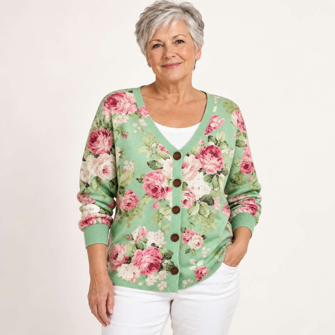 Wendy Rose-Print Cardigan worn by a mature woman on a clean studio background