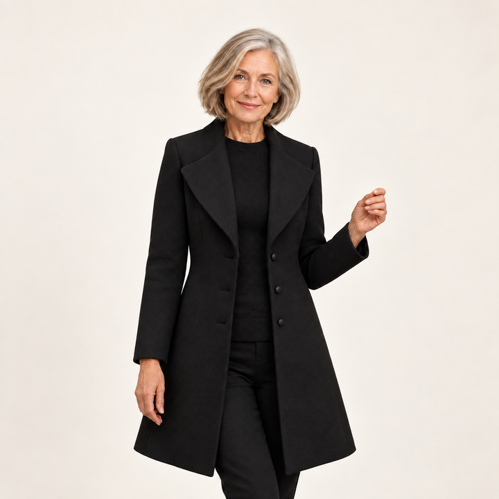 Women's fitted wool blend coat — Black on mature model