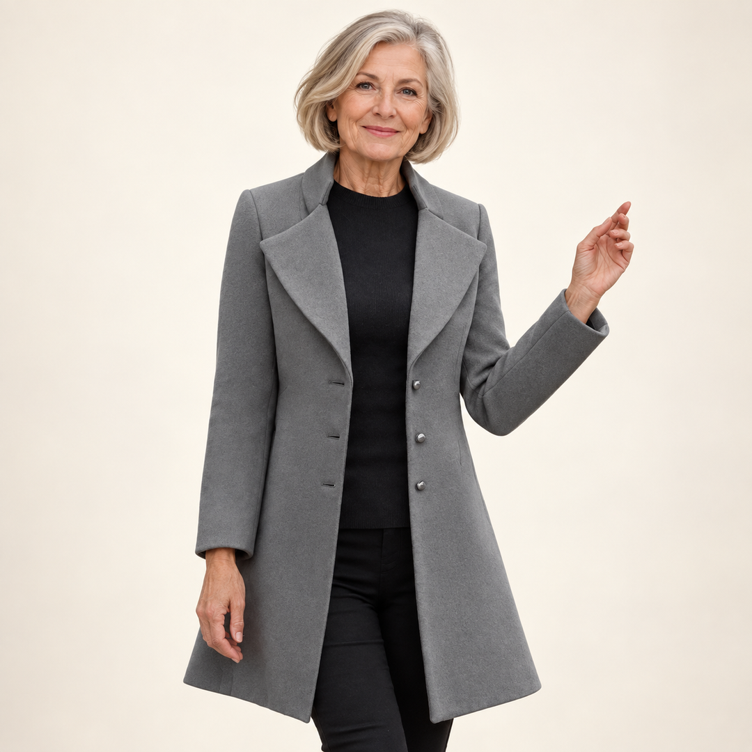 Women's fitted wool blend coat — Grey on mature model