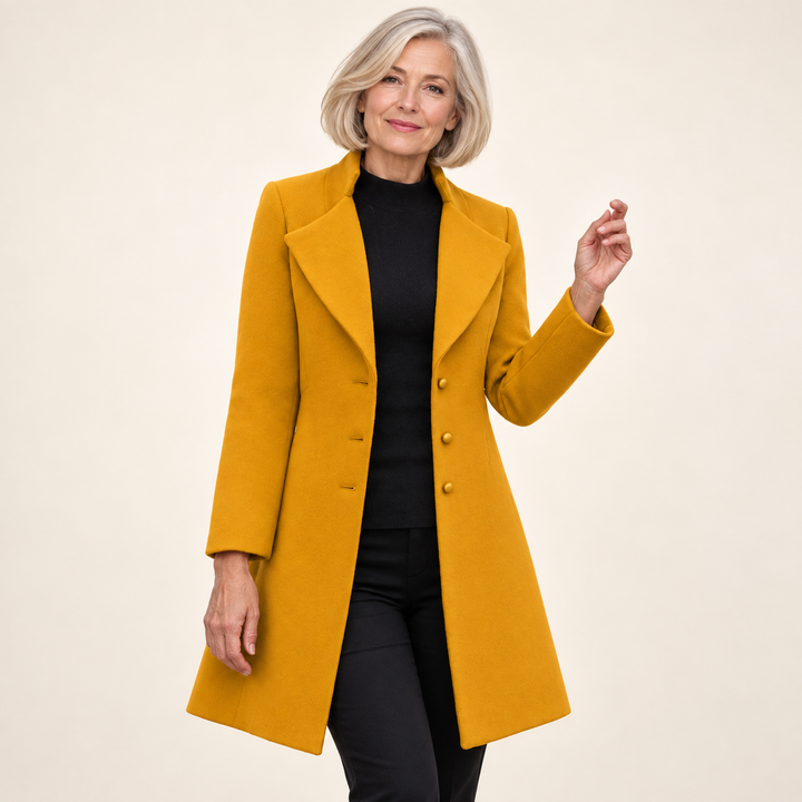 Women's fitted wool blend coat — Yellow on mature model