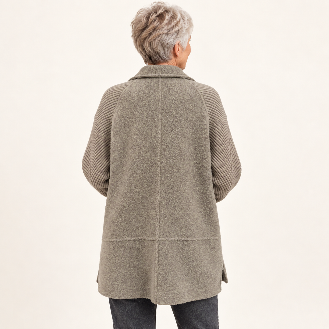 Women's double-breasted coat with knitted sleeves — back