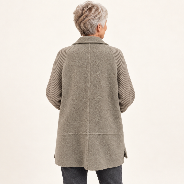Women's double-breasted coat with knitted sleeves — back