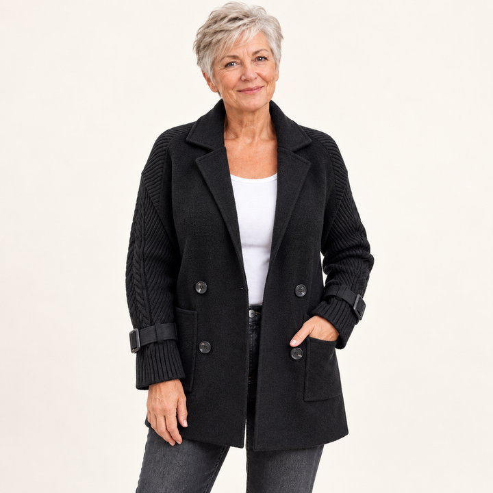 Women's double-breasted coat with knitted sleeves — black