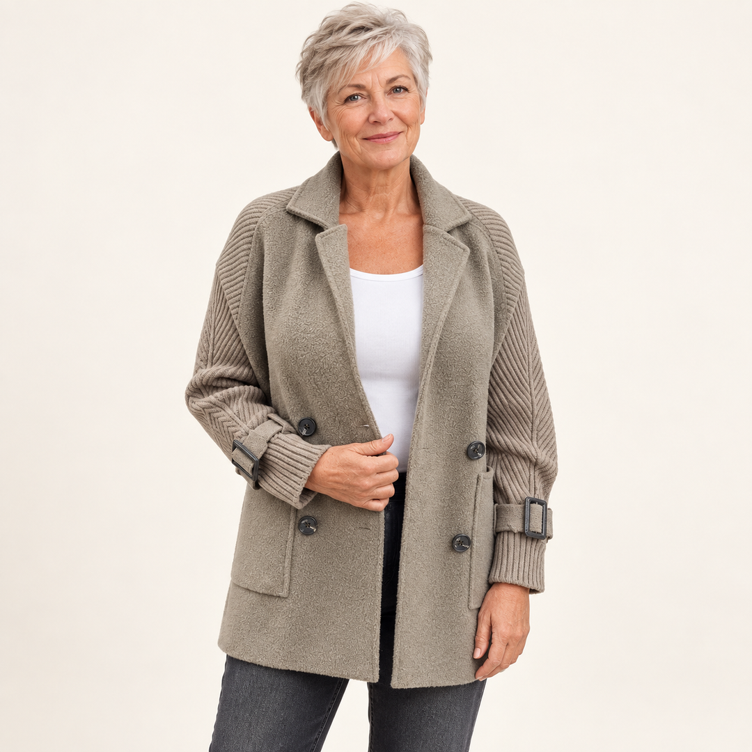 Women's double-breasted coat with knitted sleeves — front