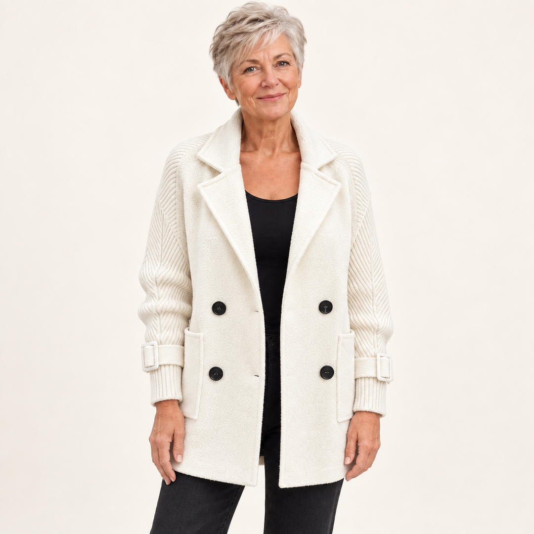 Women's double-breasted coat with knitted sleeves — white