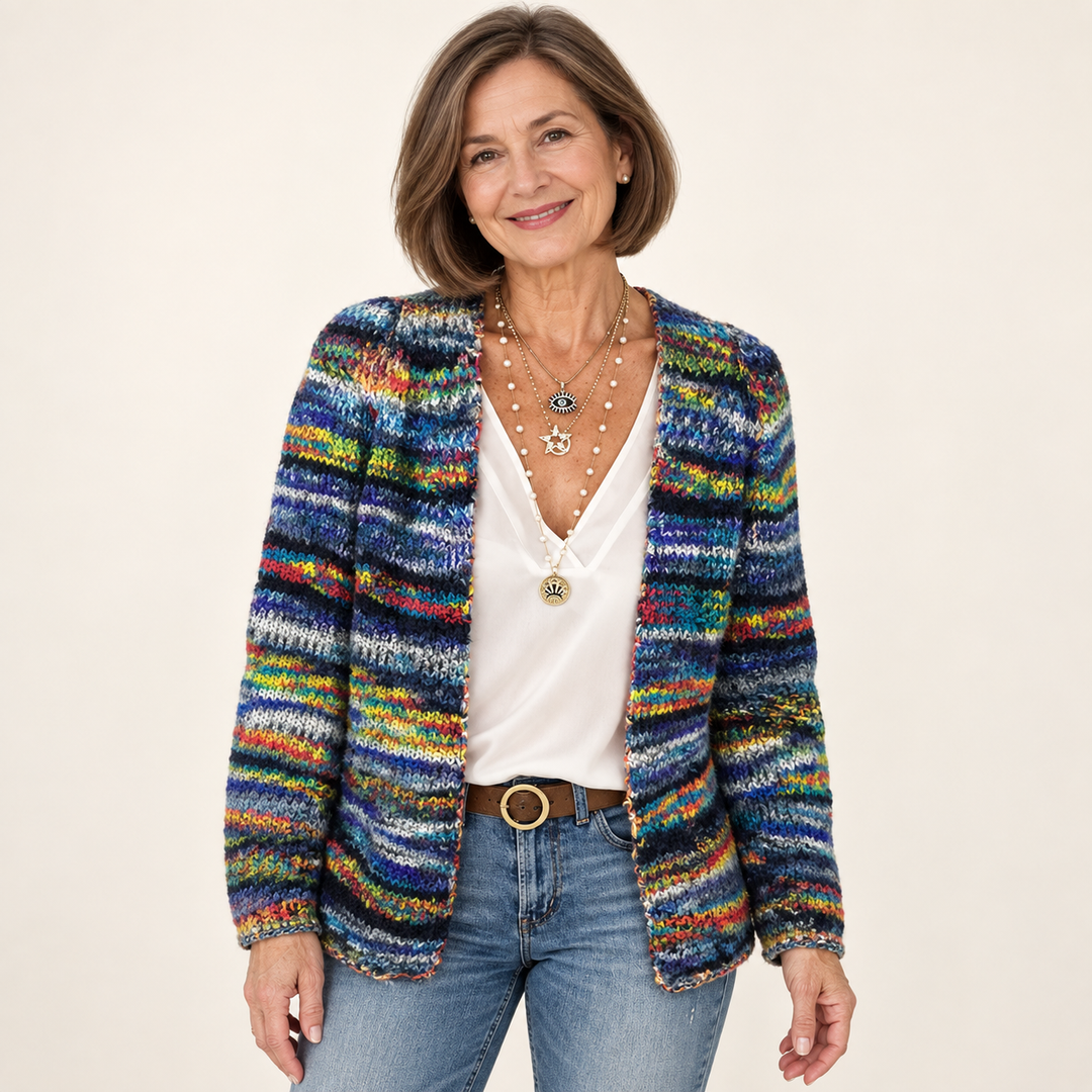 Layla cardigan in Blue, worn by a mature woman on a clean background