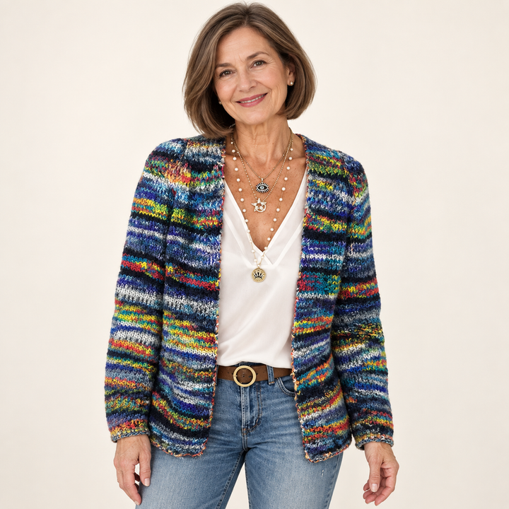 Layla cardigan in Blue, worn by a mature woman on a clean background