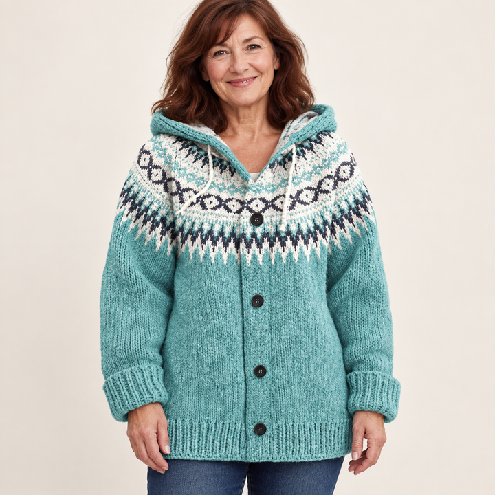 Madison cardigan in Light Blue, worn by a mature woman on a clean background