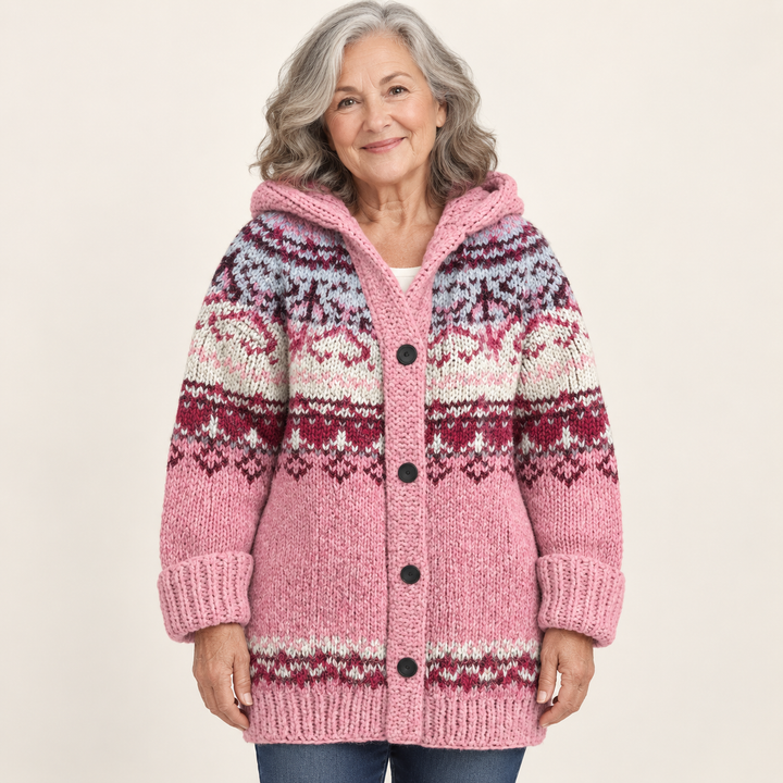 Madison cardigan in Pink, worn by a mature woman on a clean background