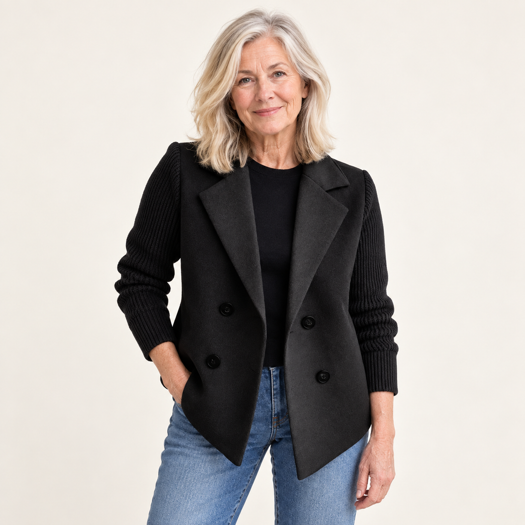 Women's relaxed coat with knitted sleeves — black