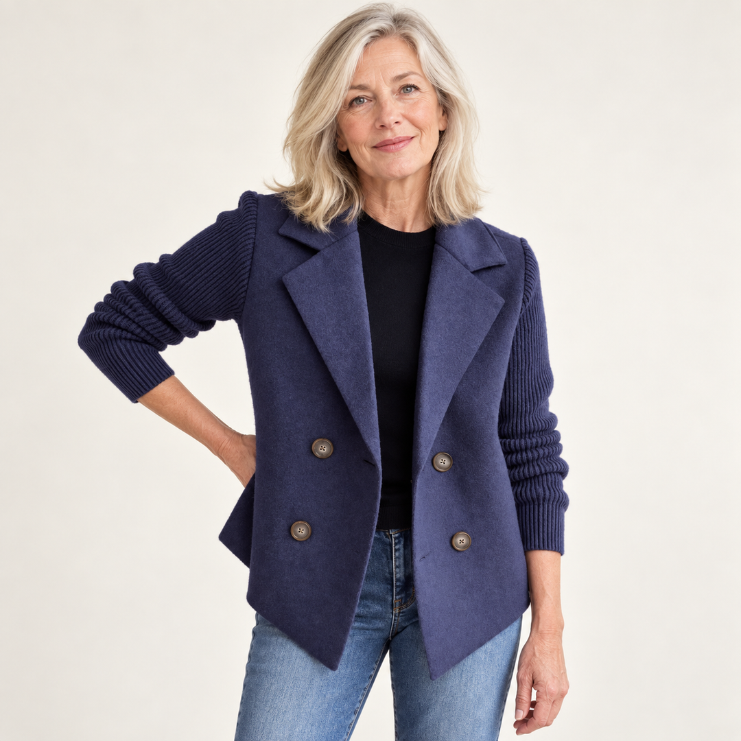 Women's relaxed coat with knitted sleeves — blue