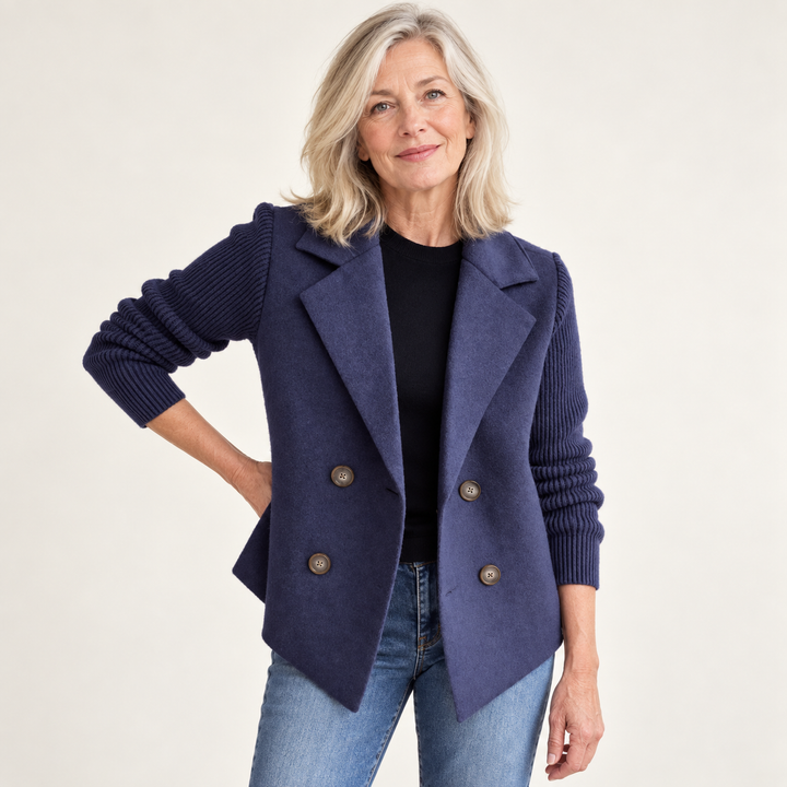 Women's relaxed coat with knitted sleeves — blue