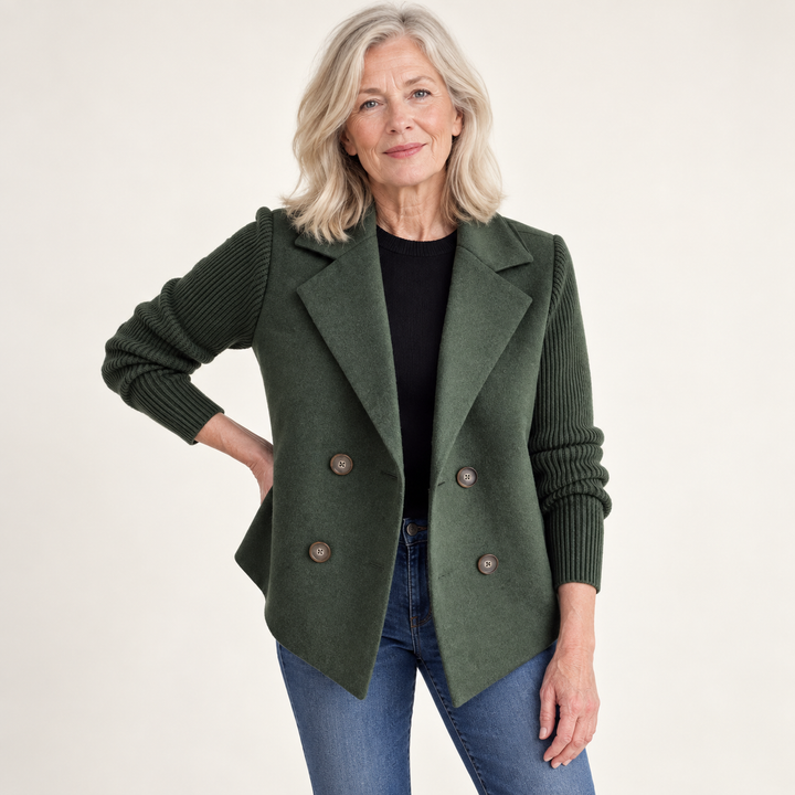 Women's relaxed coat with knitted sleeves — green